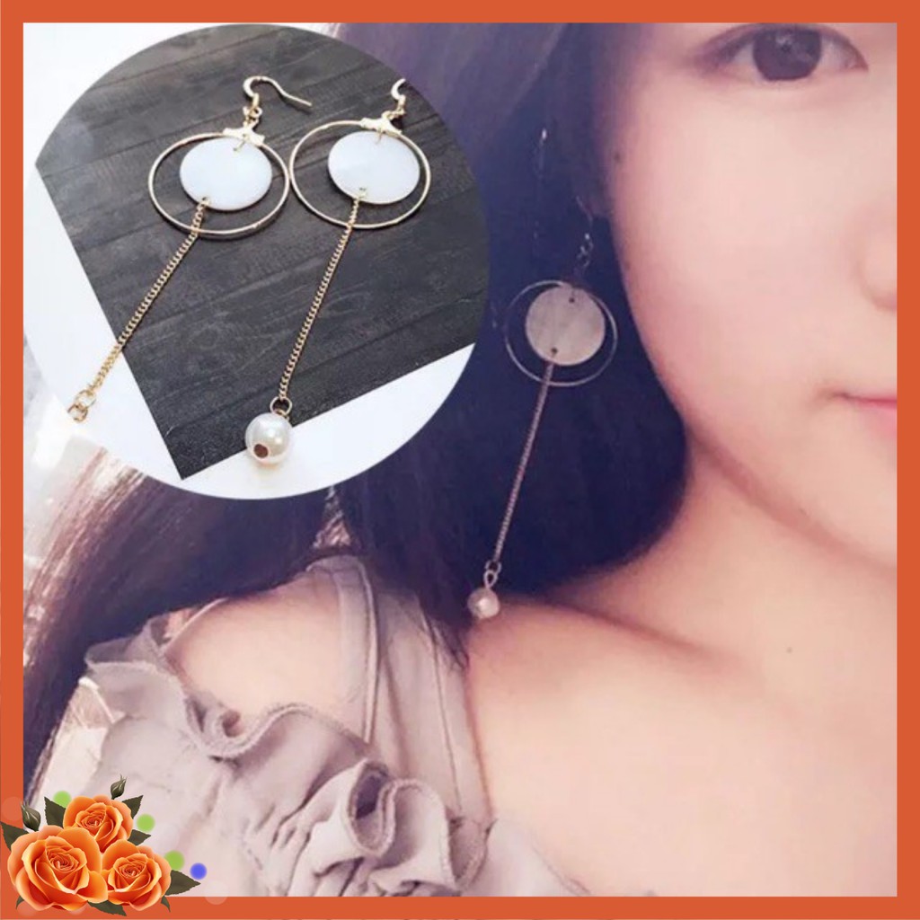 Bông tai dáng dài cặp tròn lồng trắng ngà