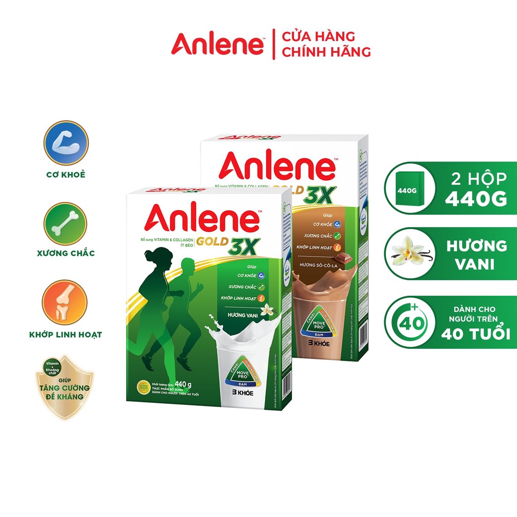 Combo 2 hộp Sữa bột Anlene Gold Movepro Hộp chocolate + Vani (440g/hộp)