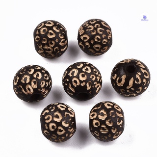 Painted Natural Wood Beads Laser Engraved Pattern Round with Leopard Print Coconut Brown 10x8.5mm Hole: 2.5mm
