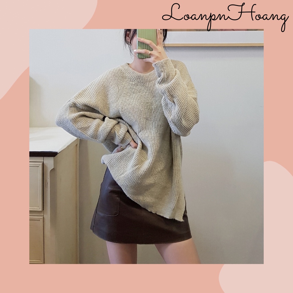 Áo len cổ tròn freesize dáng rộng xẻ tà phong cách hàn Quốc|Ảnh thật|hàng có sẵn
