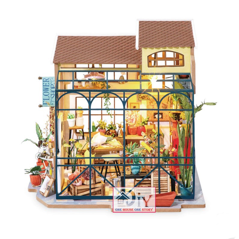 [Bản tiếng Anh]Mô hình nhà tự lắp ráp bằng gỗ Dollhouse DIY EMILY'S FLOWER SHOP - Robotime mã DG145 (Kèm nhíp + keo)