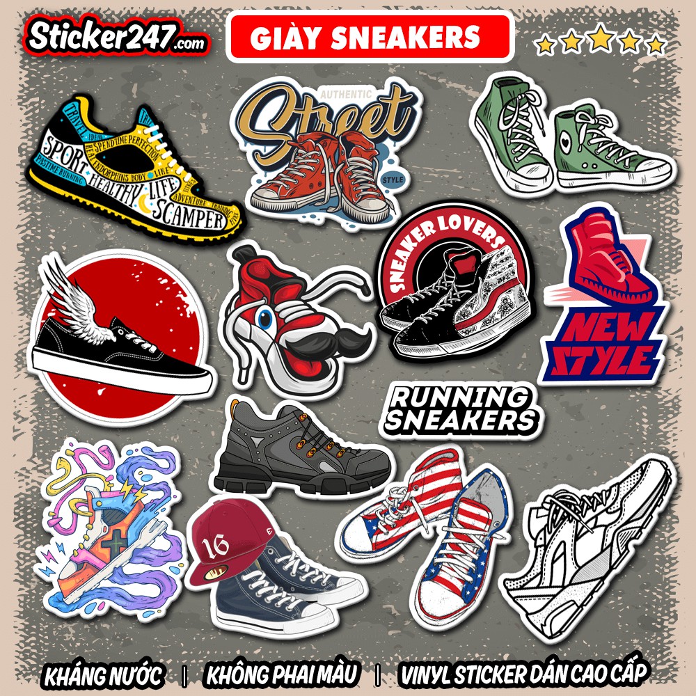 Sticker Giày Sneakers, giày thể thao 🌈Freeship chống nước sticker dán laptop, điện thoại, đàn, mũ bảo hiểm, vali - SNE03