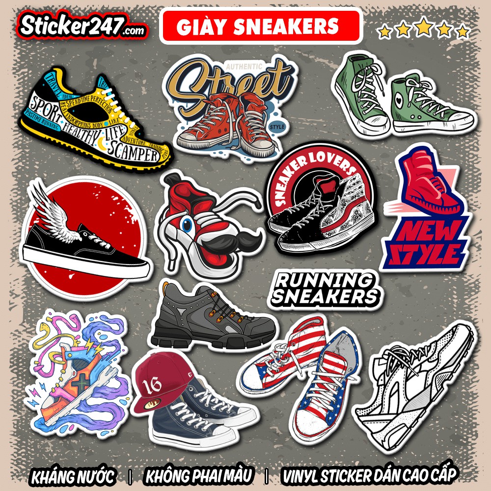 Sticker Giày Sneakers, giày thể thao 𝑭𝒓𝒆𝒆𝒔𝒉𝒊𝒑 chống nước sticker dán laptop, điện thoại, đàn, mũ bảo hiểm, vali - SNE03