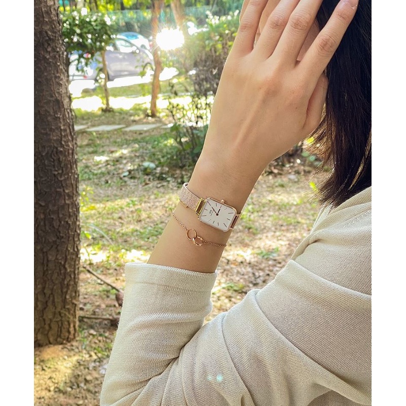 Đồng hồ nữ DW mặt vuông Quadro Pressed Sheffield Rose Gold Green &amp; Vòng tay Classic Cuff