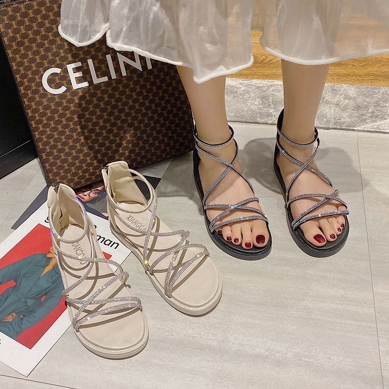 Giày sandal IELGY đế bằng đính đá phong cách thần tiên thời trang Hàn Quốc cho nữ