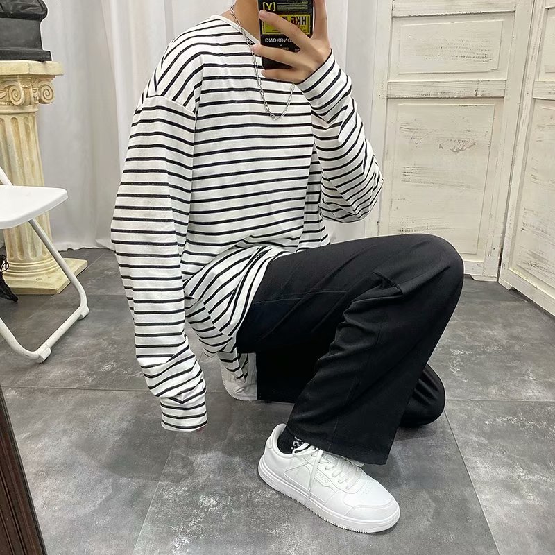 Áo thun dài tay họa tiết kẻ sọc ngang thiết kế dáng rộng thời trang cho nam