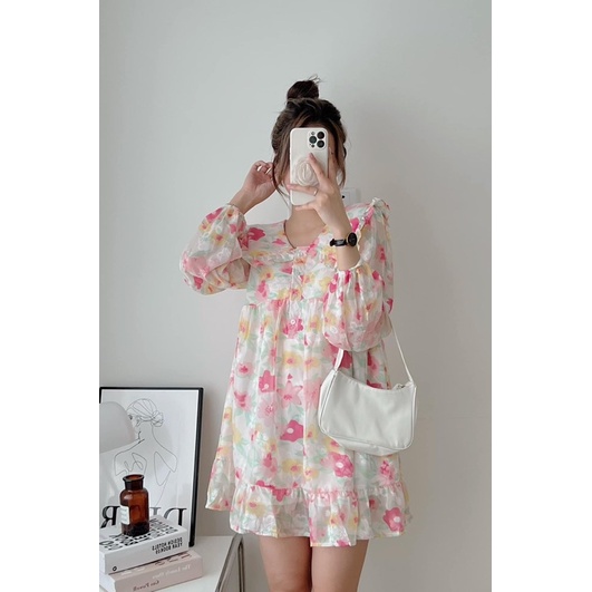 Đầm - Váy babydoll voan 2 lớp dáng ngắn dài tay cổ bèo hoạ tiết hoa cỏ ngọt ngào