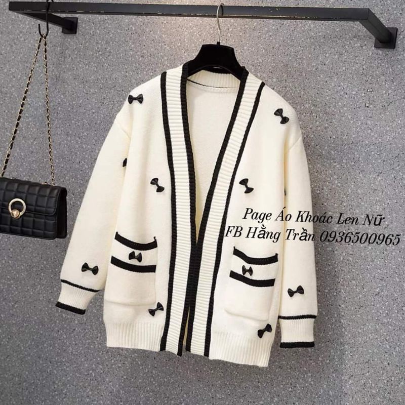 Áo khoác len cardigan nữ viền len mịn phối nơ.
