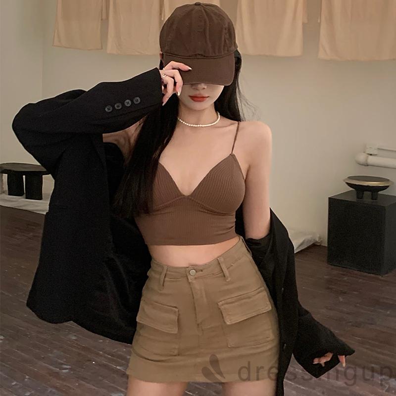 Áo Croptop Hai Dây Cổ Chữ V Sâu Màu Trơn Thời Trang Mùa Hè Cho Nữ