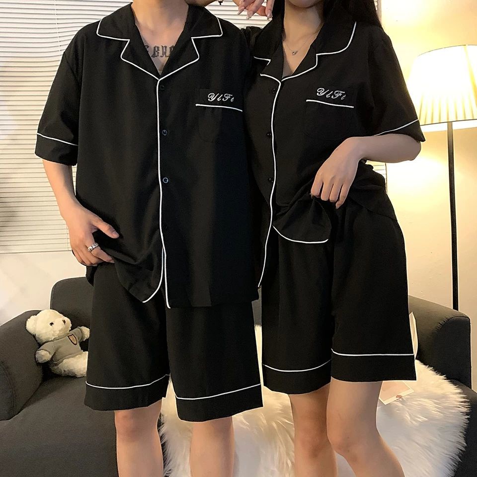 Bộ Đồ Ngủ Tay Ngắn Bằng Cotton Màu Trơn In Chữ Đơn Giản Dành Cho Nam Nữ