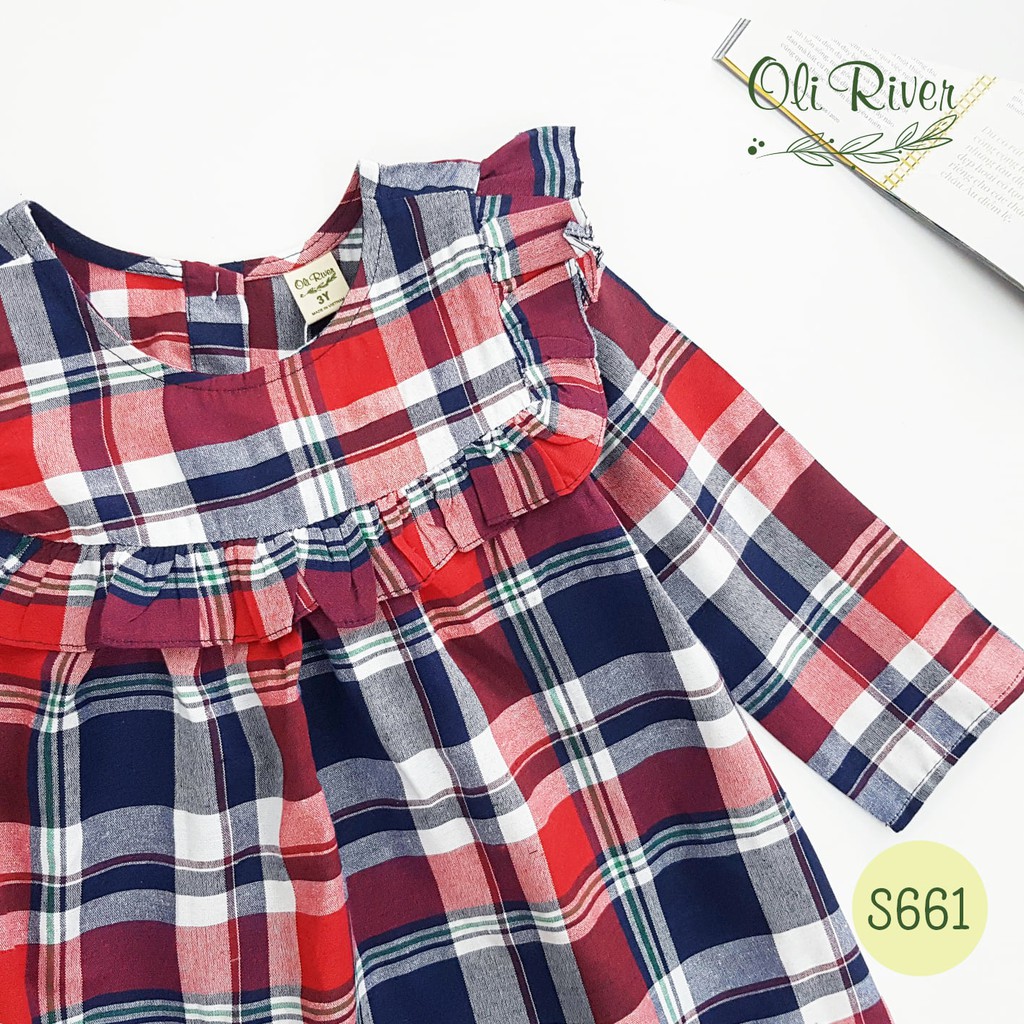 ĐẦM BÉ GÁI TAY DÀI HỌA TIẾT CARO OLIRIVER 7489