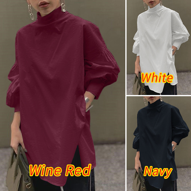 Áo Thun ZANZEA Cổ Lọ Dài Tay Xẻ Tà Thời Trang Dành Cho Nữ