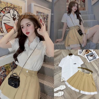 Set Đồ Hottrend Nữ Ms.1333 Áo Sơ Mi Tay Ngắn Dáng Suông Chất Kate Phối Chân Váy Xòe Kaki