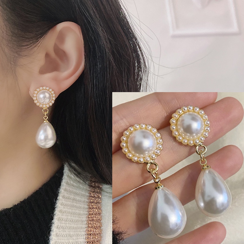 Bông Tai Mạ Bạc 925 Đính Ngọc Trai Giọt Nước Phong Cách Retro Thời Trang