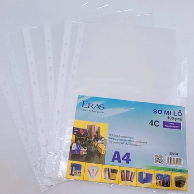 1 tập 100c bìa lỗ Eras E414, túi Sơ mi 11 lỗ 4C bảo vệ giấy