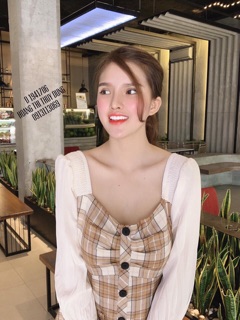 Đầm caro tay phối