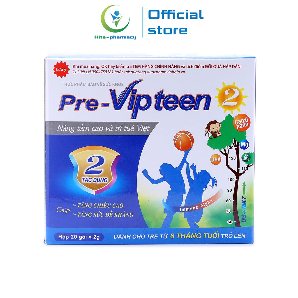 Pre-Vipteen 2 bổ sung calci và dưỡng chất cho trẻ từ 6 tháng tuổi Hộp 20 gói