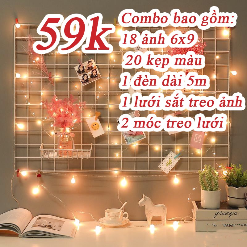 Combo trang trí siêu hấp dẫn ( 1 lưới, 18 ảnh 6x9, 18 kẹp, 2 móc treo, 1 đèn đom đóm) siêu hấp dẫn