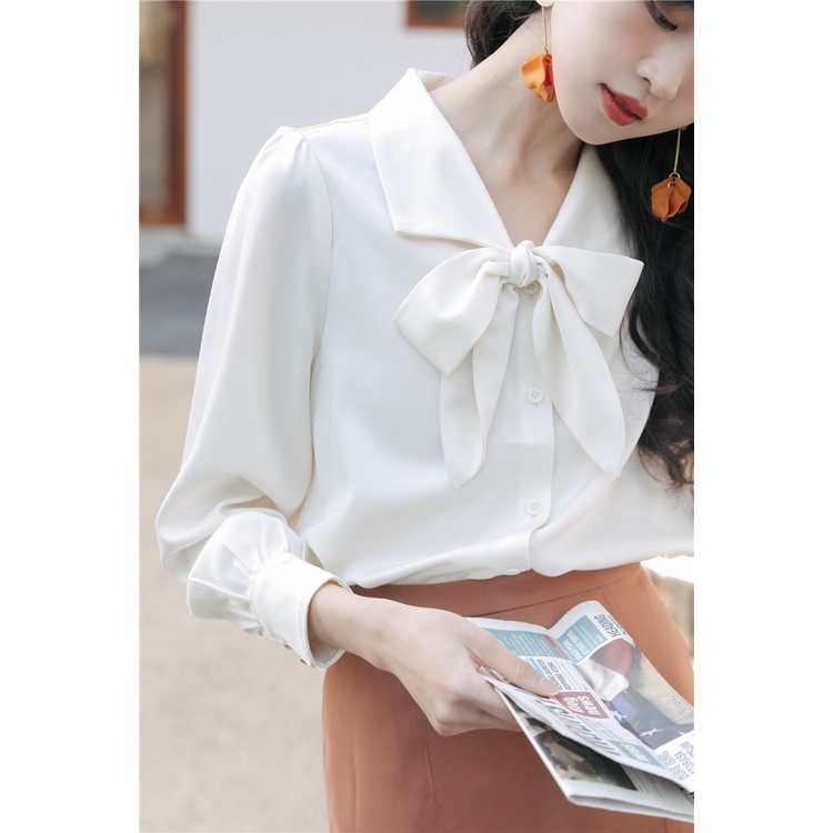 Áo cổ thắt nơ tay phồng màu trắng dài tay xinh xắn, thời trang công sở nữ AA581