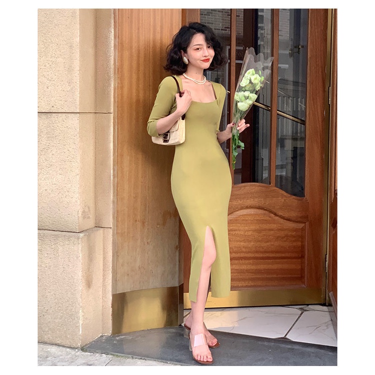 Hong Kong style square neck knit dress