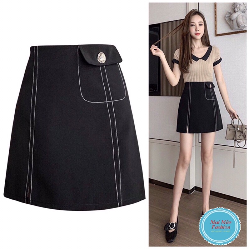 (HÀNG SẴN) CHÂN VÁY CHỮ A CHỈ NỔI PHỐI TÚI,QUẦN GIẢ VÁY CHỈ NỔI XẺ TRƯỚC