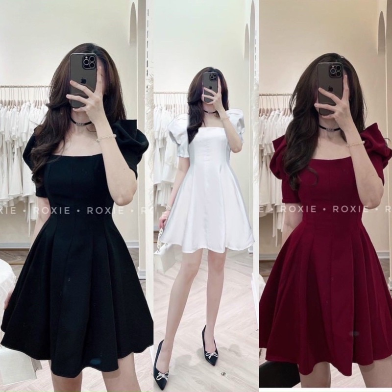 Đầm cổ vuông dài trên gối tay phồng dự tiệc màu đỏ, màu đen, màu trắng- DT999 - Shop Táo Đỏ