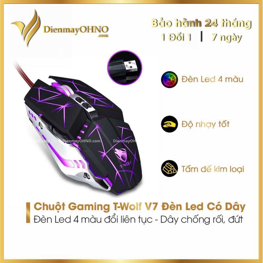 Chuột Gaming Máy Tính Có Dây T-WOLF V7 Chính Hãng Chuột Laptop Có Đèn Led RGB Game Thủ Chơi Game - Điện Máy OHNO