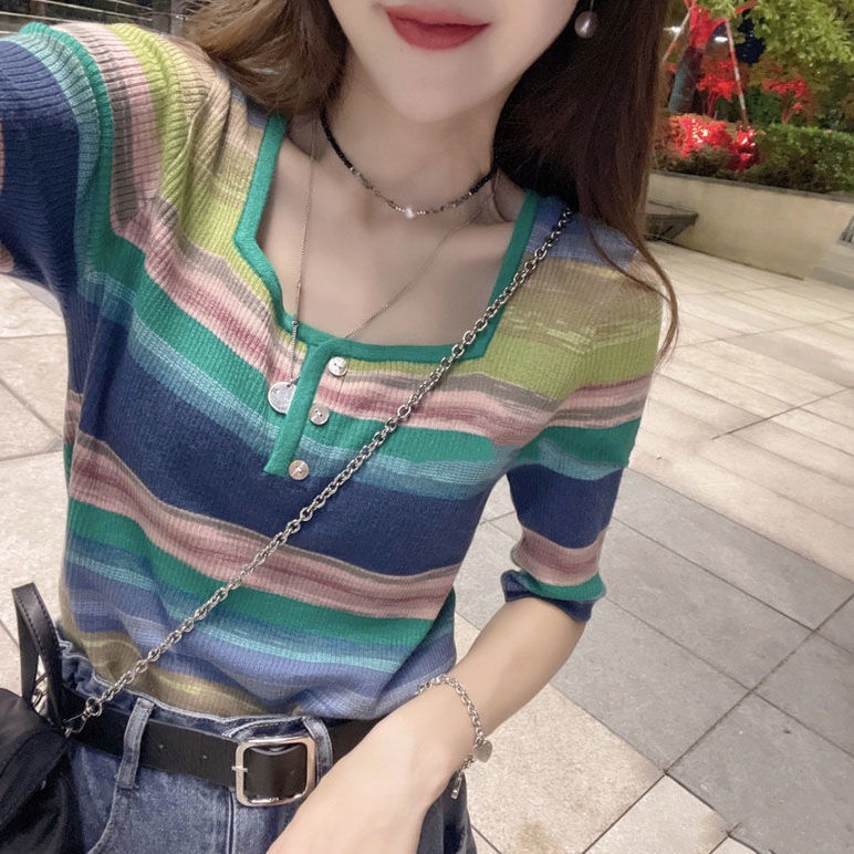 COZOK Áo Thun Dệt Kim Ngắn Tay Cổ Vuông Họa Tiết Sọc Cầu Vồng Cá Tính