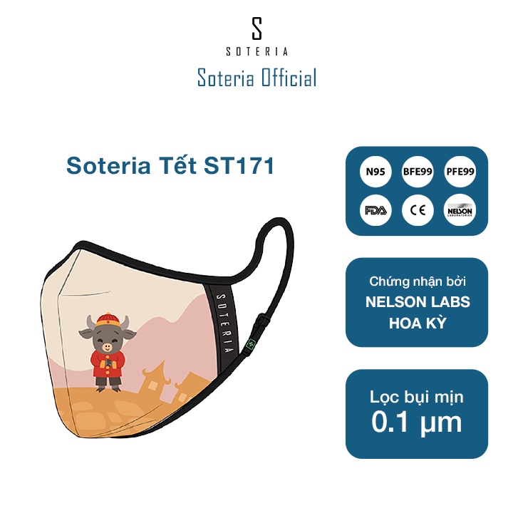 Khẩu trang tiêu chuẩn Quốc Tế SOTERIA Tết ST171 - Bộ lọc N95 BFE PFE 99 lọc đến 99% bụi mịn 0.1 micro- Size S,M,L