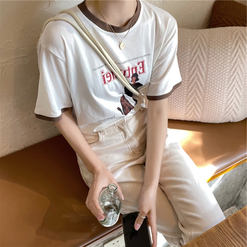 Áo thun SUXI tay ngắn cổ tròn dáng rộng họa tiết chữ thời trang mùa hè dành cho nữ