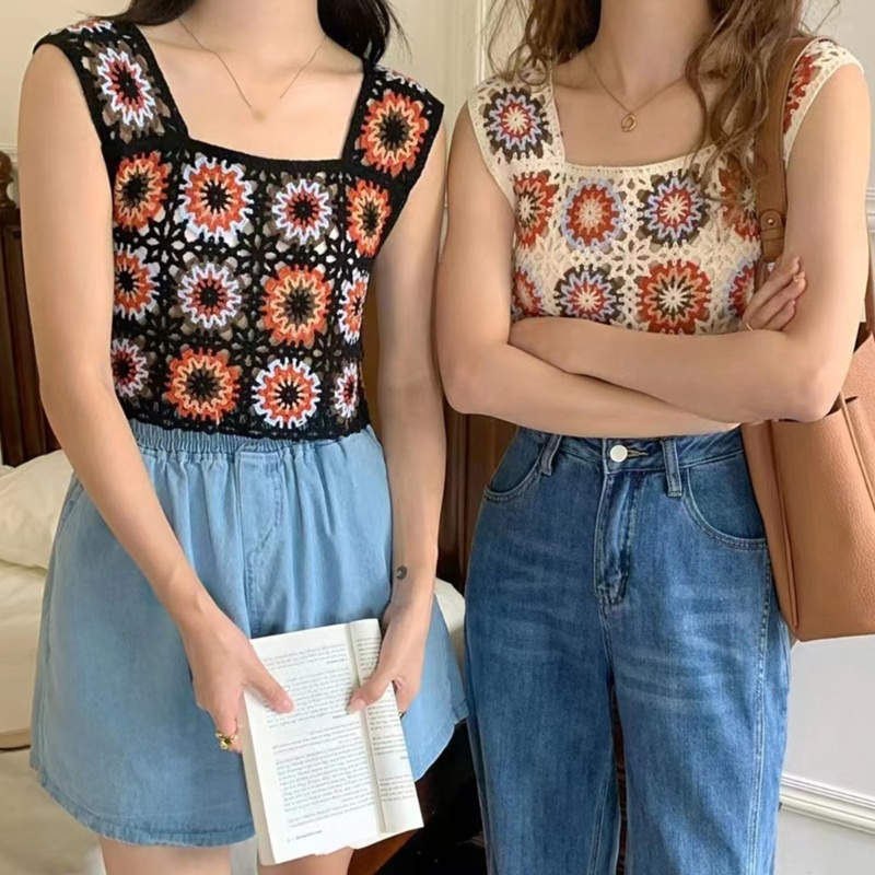 Áo Croptop Dệt Kim Không Tay In Họa Tiết Hoa Thời Trang Cho Nữ