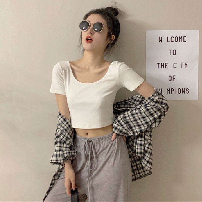 Áo Thun Lửng Ngắn Tay Dáng Ôm Thời Trang Hàn Quốc Gợi Cảm Cho Nữ