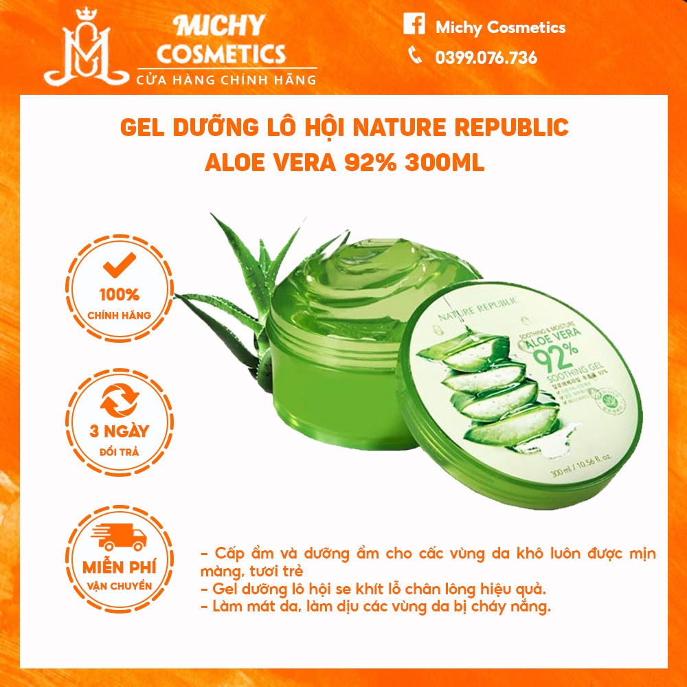 Gel dưỡng lô hội Nature Republic Aloe Vera 92% 300ml dưỡng ẩm giúp da mịn màng tươi trẻ