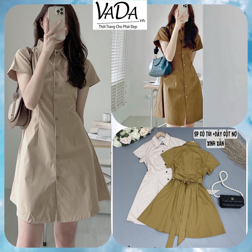 Váy Đầm Sơ Mi Thô Ngắn Tay Cổ Đức sau lưng cột nơ xinh xắn Phong Cách Thanh Lịch -Thời Trang VADA (Đ45)