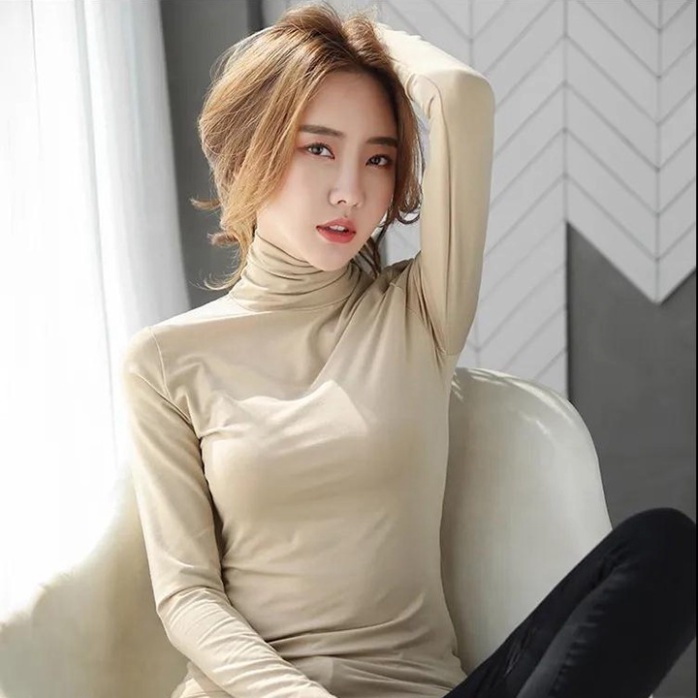 Áo Giữ Nhiệt Nữ Lót Nỉ 100% Cotton cổ cao Dày dặn Dáng ôm phong cách Hàn Quốc