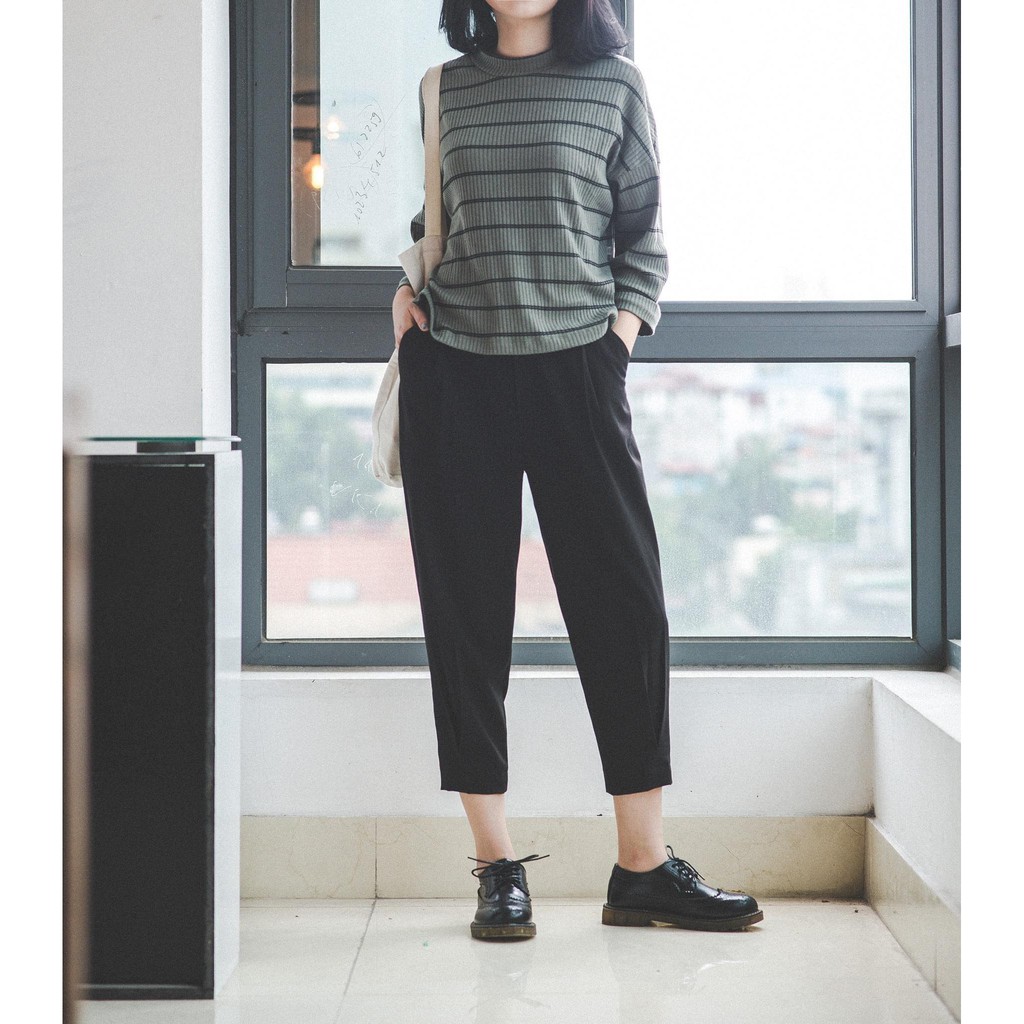 Quần baggy bo gấu nữ MADELEN màu đen chất vải cotton thoáng mát