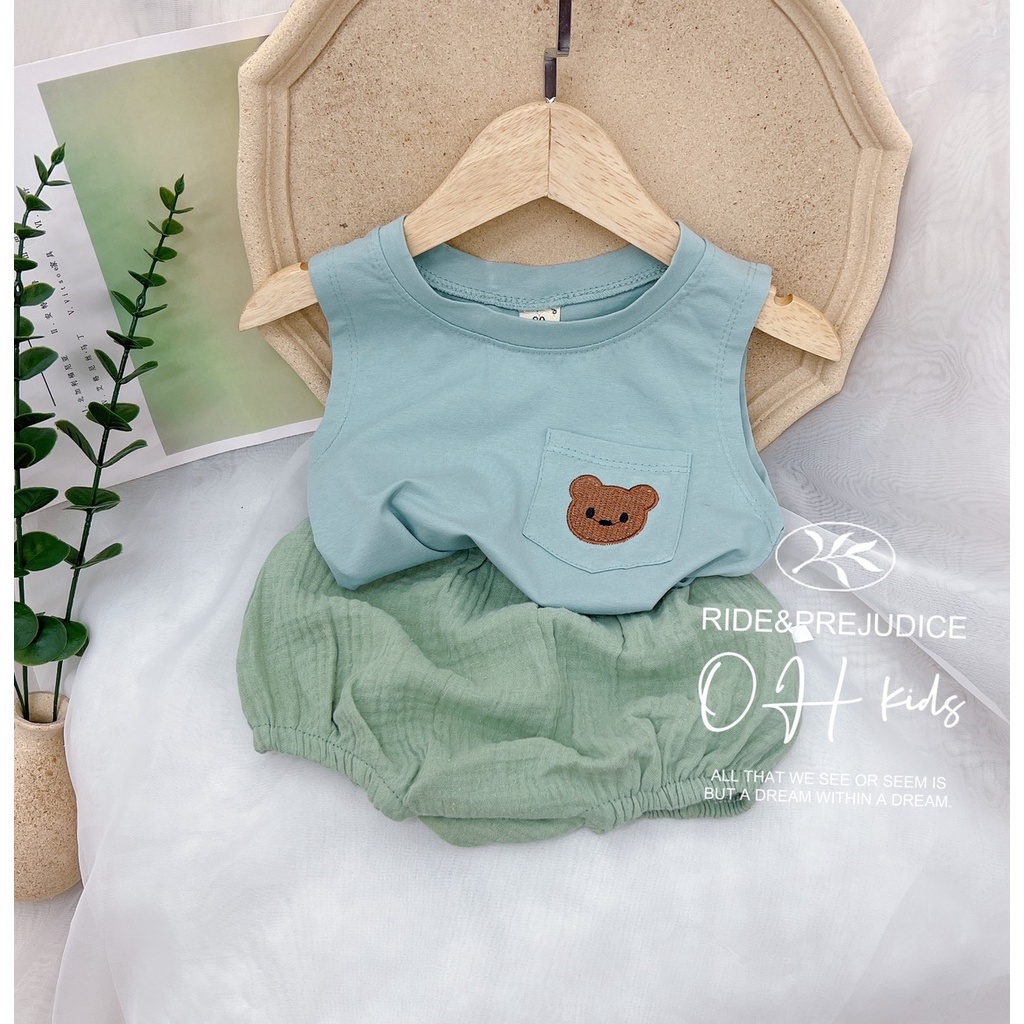 Bộ đũi quần chip áo ba lỗ thêu gấu cho bé bé từ 6-16kg