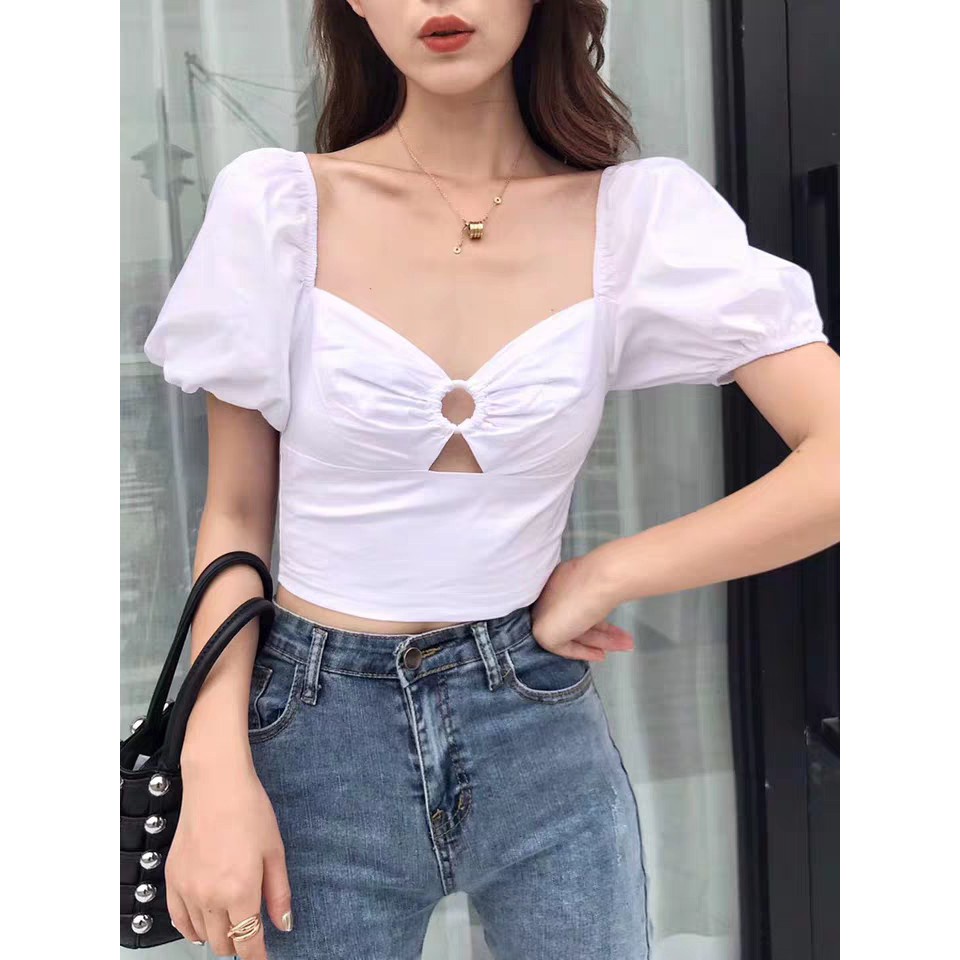 ÁO CROPTOP CHUN TAY LƯNG ĐEN TRẮNG HOT