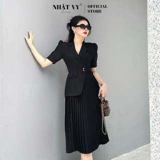 Đầm vest công sở Nhật Vy dập ly tay ngắn form dáng dài chất lụa sọc gân phù hợp dự tiệc dạo phố sang chảnh - D2724