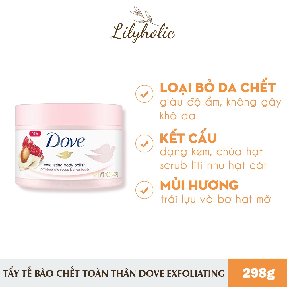 Tẩy tế bào chết Dove 225ml giúp dưỡng da mịn màng tươi sáng - Macadamia, Lựu, Kiwi