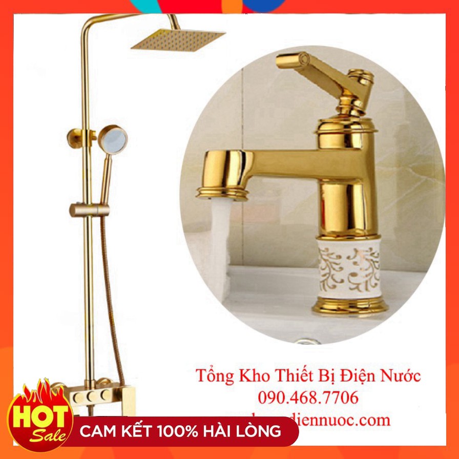 Combo bộ sen cây tắm GIORMANI vàng kèm vòi lavabo đính đá cao cấp SC05-SNL09