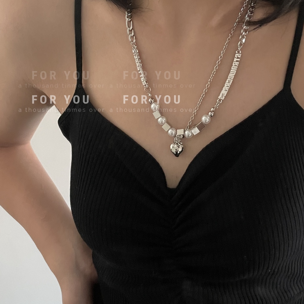 Vòng cổ Mặt Vuông Bằng Thép Titan Đính Ngọc Trai Phong Cách Hip Hop