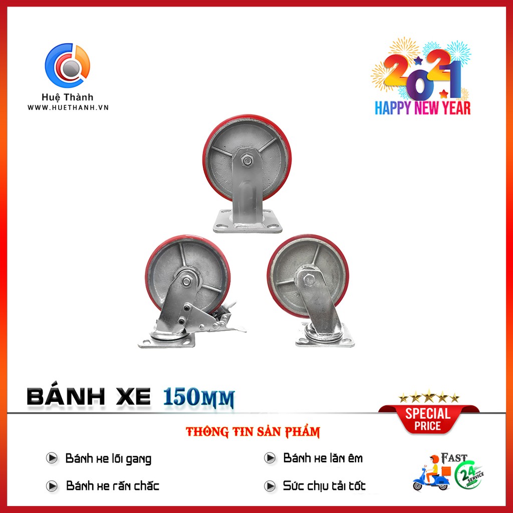 Bánh xe PU 150mm lõi gang, độ bền cao, giảm tiếng ồn, nhựa cứng cao cấp, đảm bảo chất lượng, nhiều mẫu mã