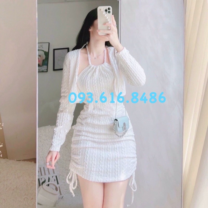 Đầm Body Cổ Yếm Rút Dây Bo Eo Kèm Áo Khoác Croptop, Dành Cho Đi Chơi, Dự Tiệc, Vải Len Cao Cấp S2291
