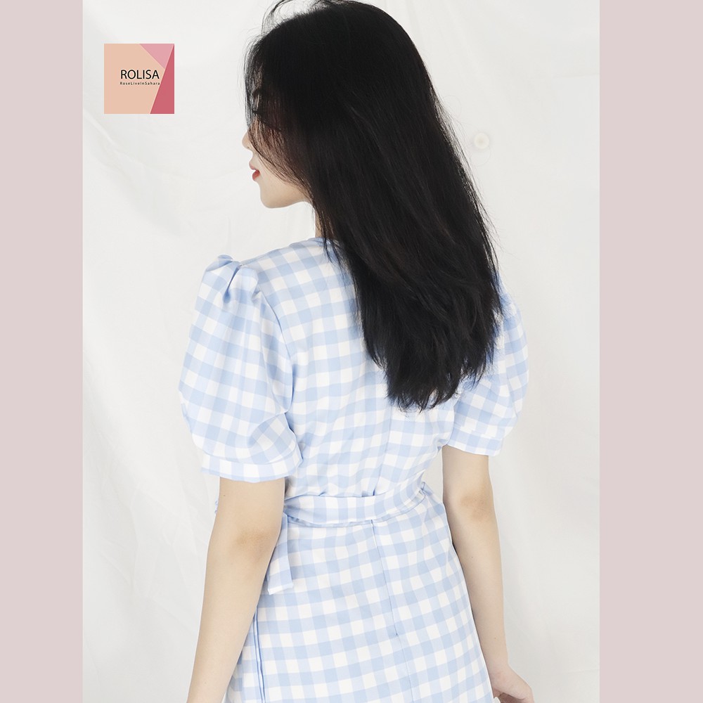 Đầm váy nữ caro cổ chữ V màu xanh xinh xắn, dễ thương Rolisa RD056