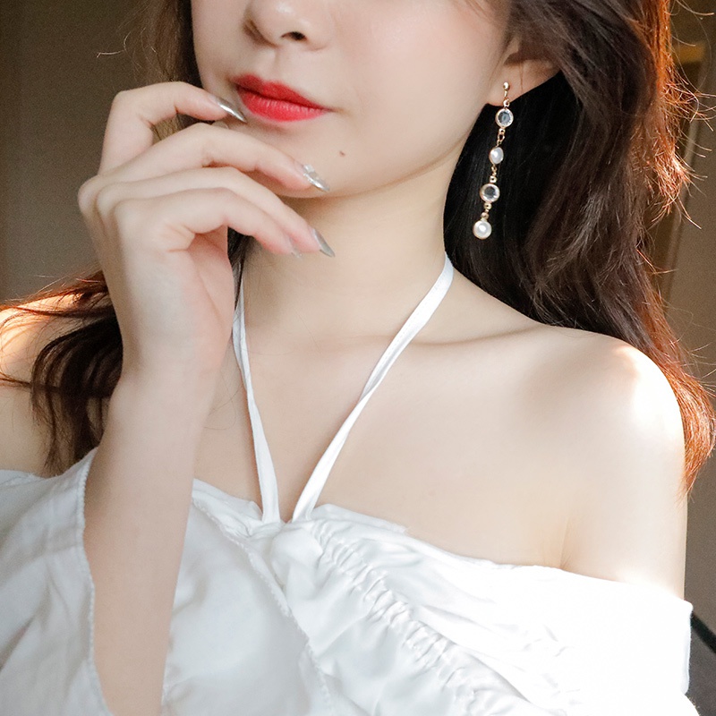 Khuyên tai dáng dài gắn ngọc trai giả trong suốt thời trang thanh lịch cho nữ