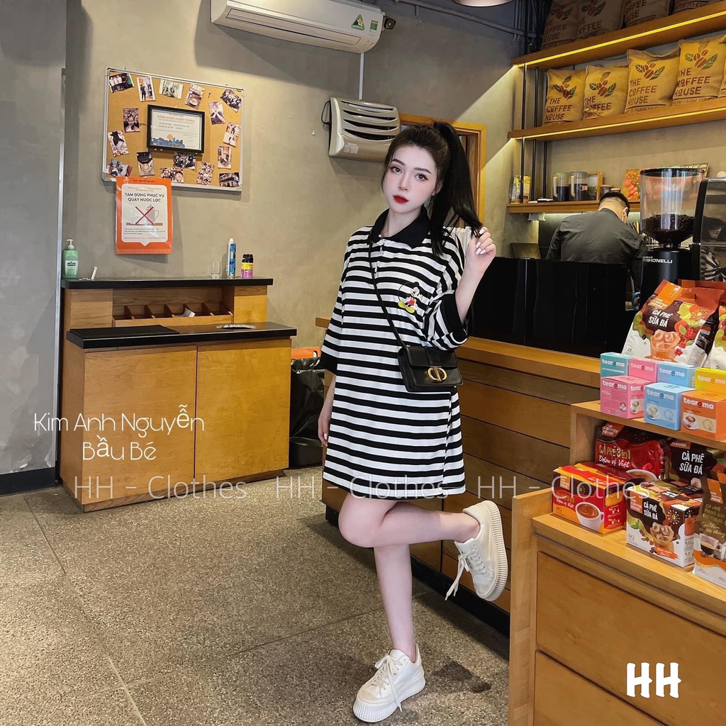 ĐẦM THUN SUÔNG CỔ POLO BẺ MICKEY TAY LỠ KẺ SỌC NGANG TRẮNG ĐEN ULZZANG