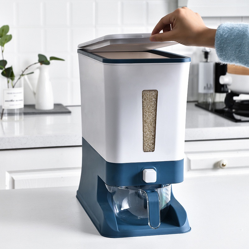 (Cao cấp) Thùng đựng gạo thông minh 12kg 3 trong 1 hình chữ nhật kèm cốc vo gạo tự động ra gạo chống ẩm mốc côn trùng