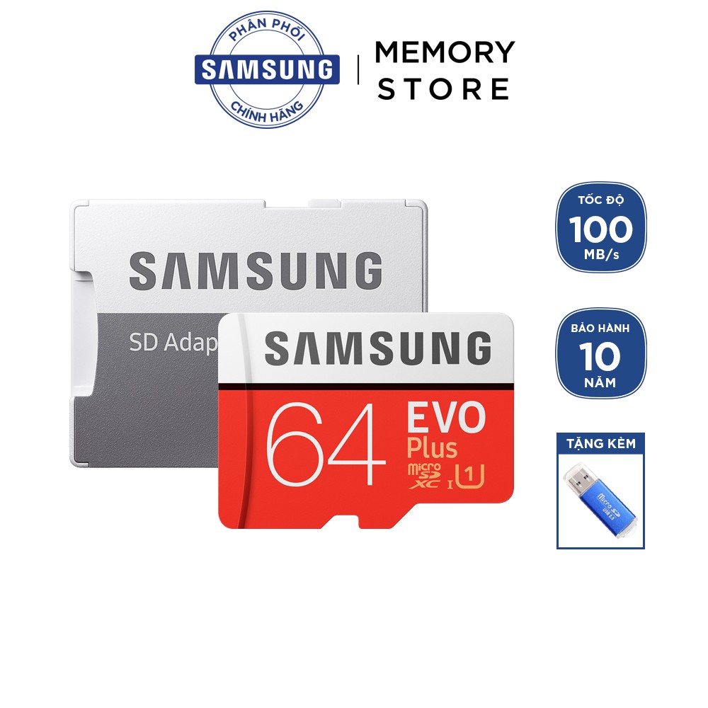 Thẻ nhớ microSD Samsung Evo Plus 32GB / 64GB / 128GB tốc độ upto 100MB/s kèm Adapter (Bảo hành 10 năm) + Đầu đọc thẻ