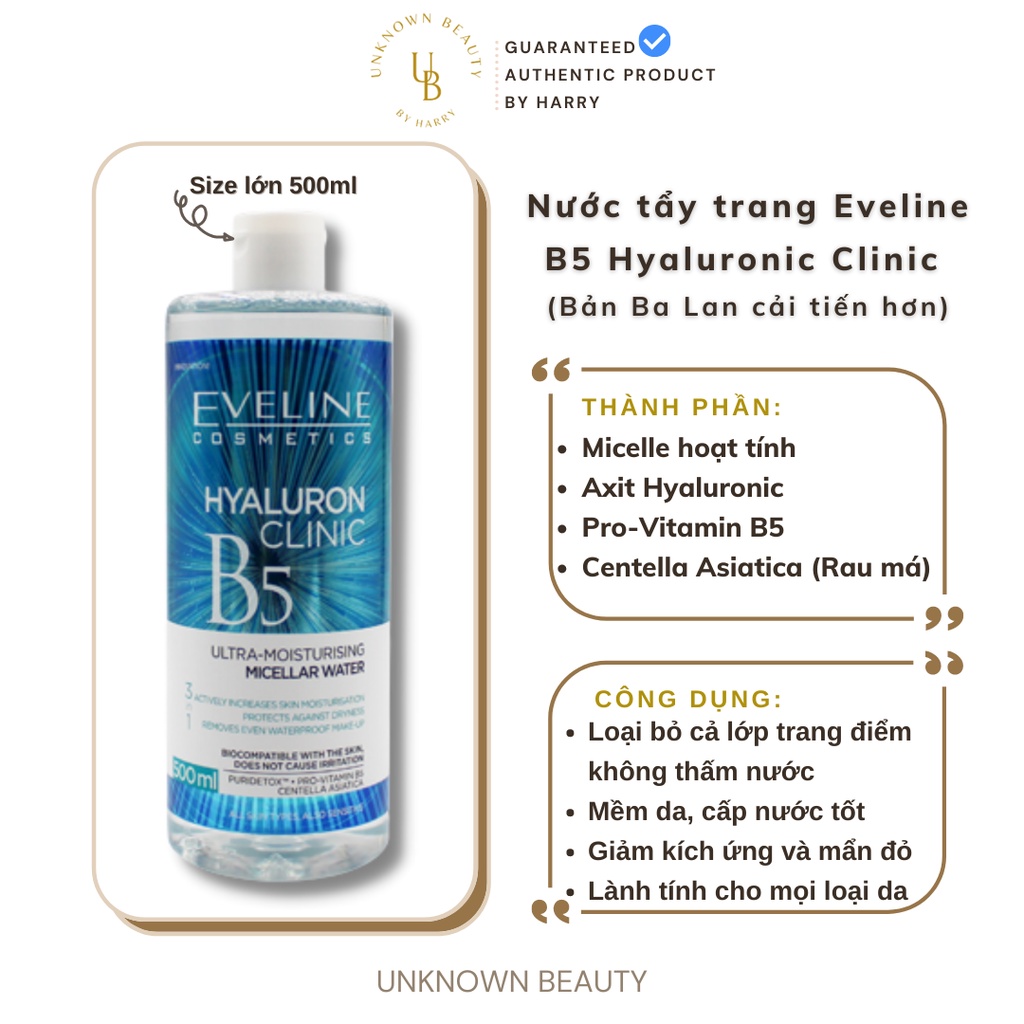 Nước tẩy trang Eveline B5 Hyaluronic Clinic 3 trong 1 sạch sâu, lành tính, ẩm mượt (Ba Lan) 500ml | Unknown Beauty